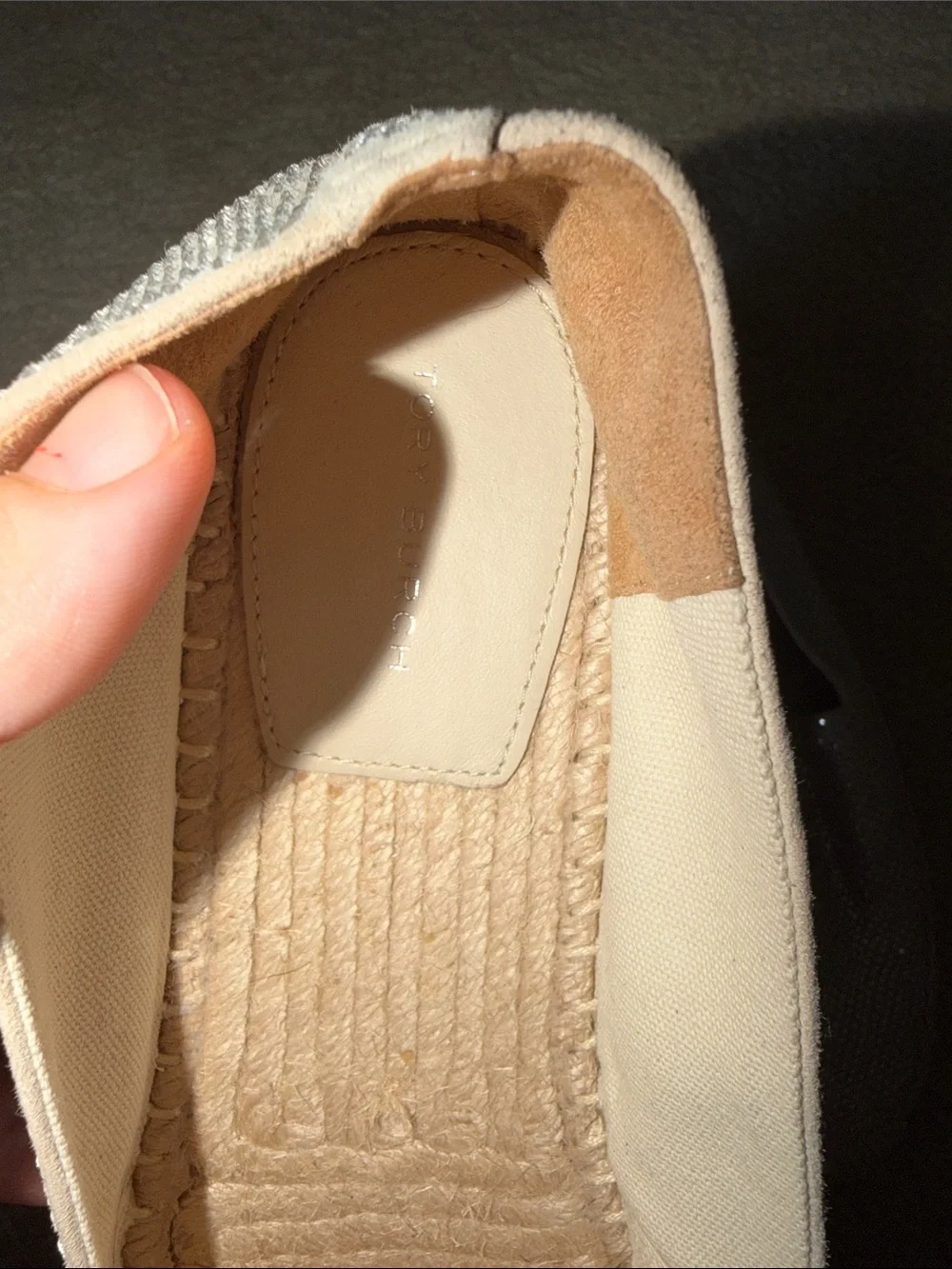 Tory Burch Everly Suede Espadrille Cream Suede w/Silver Sequins size 9 worn 1x
